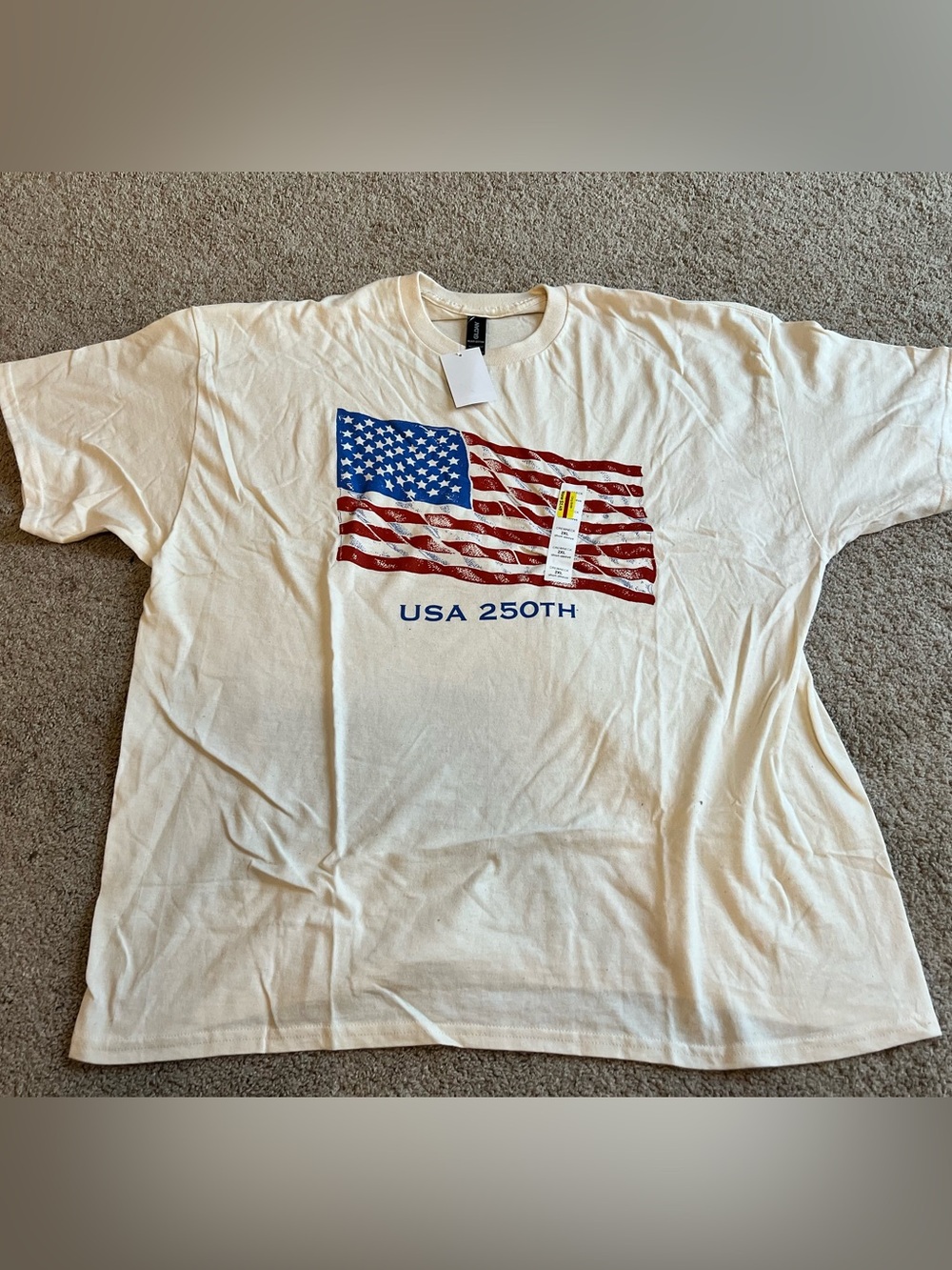 Gildan White Short-Sleeve Tee with Red and Blue USA 250TH Flag Graphic